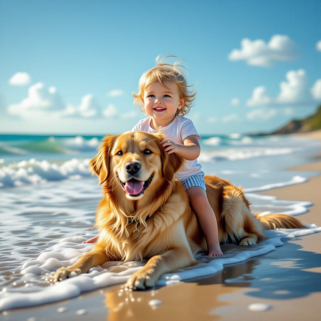 Joyful Toddler Rides Golden Retriever on Sunlit Beach