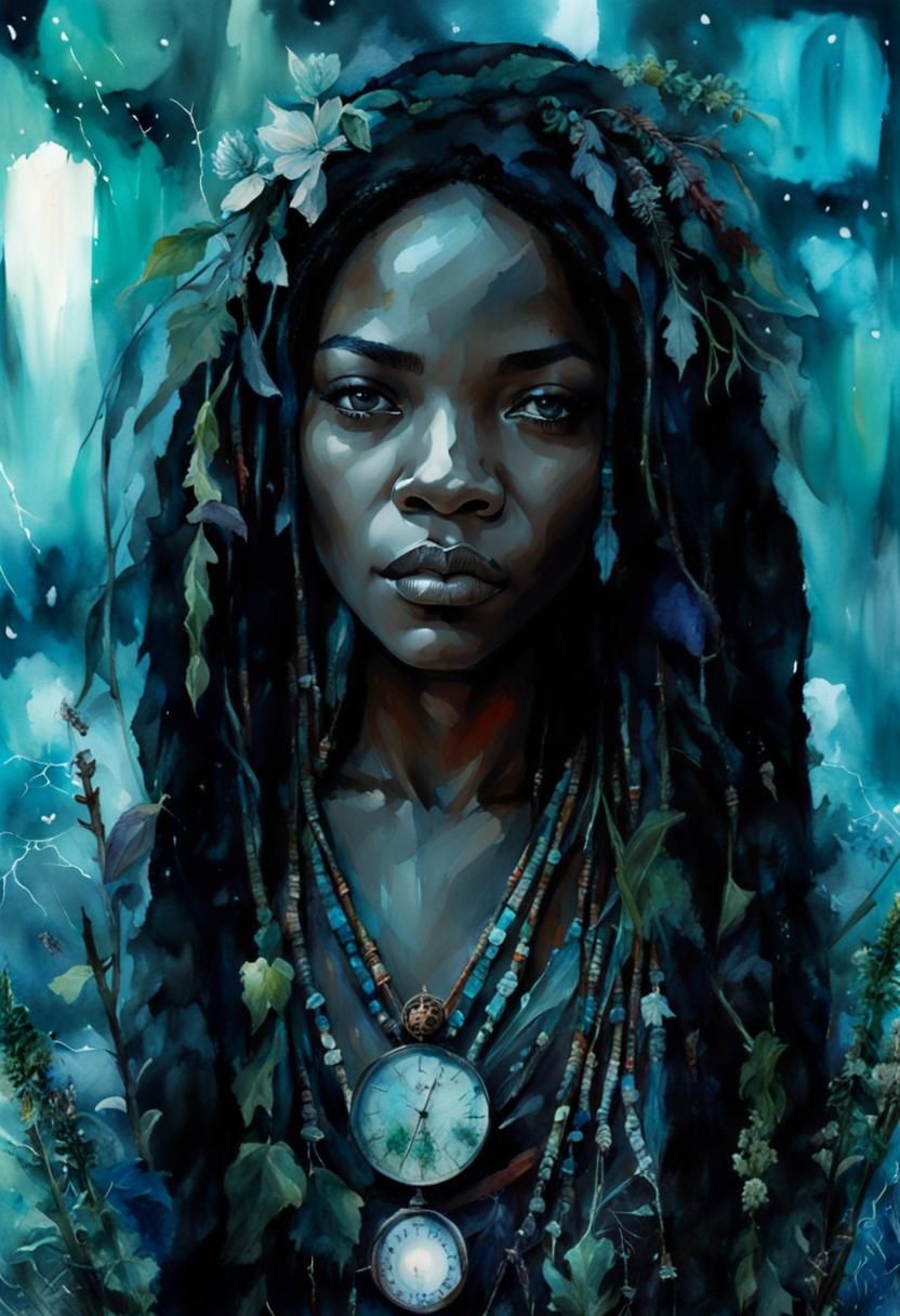 Voodoo Priestess in Stormy Watercolor Style