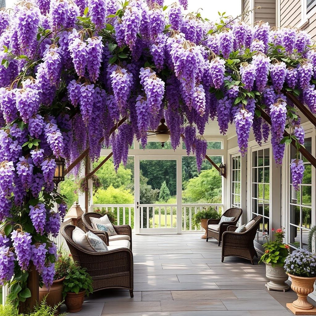 Wisteria Arbor in Bloom with Covered Porch, Impressionist St...