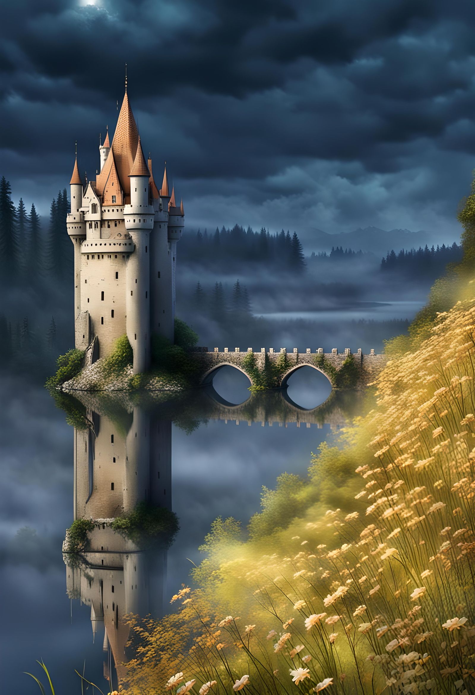 Medieval Castle on Lake with Stone Bridge