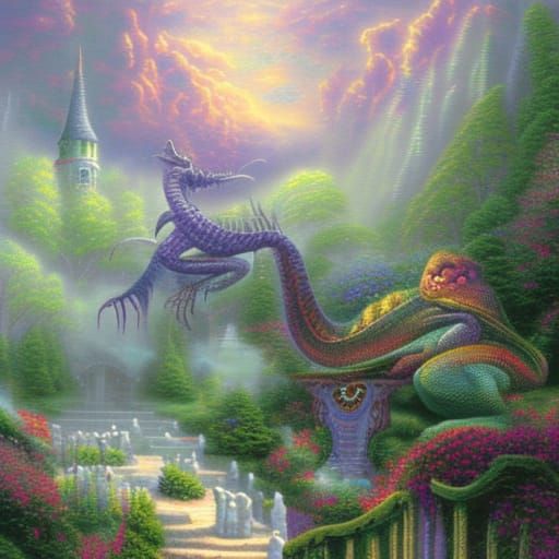 Ethereal Reptilian in Misty Fantasy Landscape