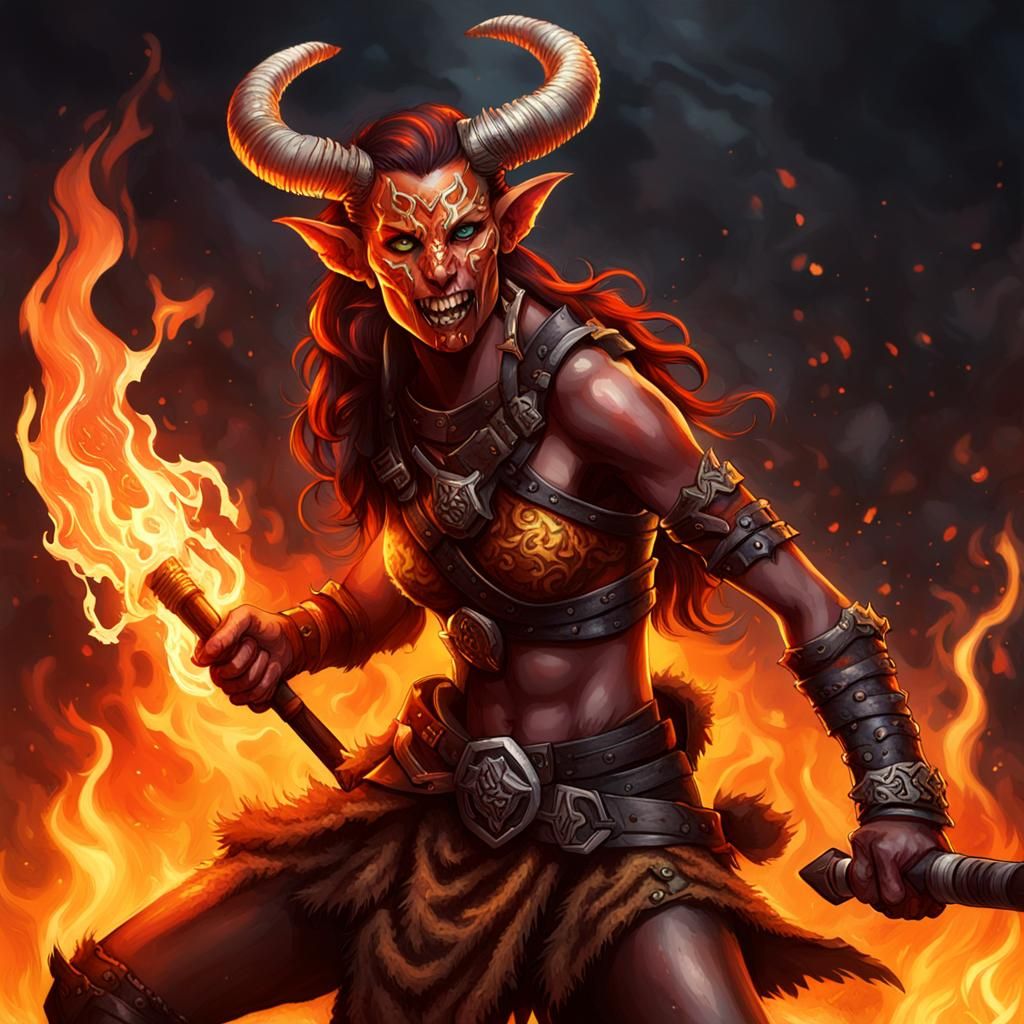 Fiery Tiefling Barbarian Ablaze