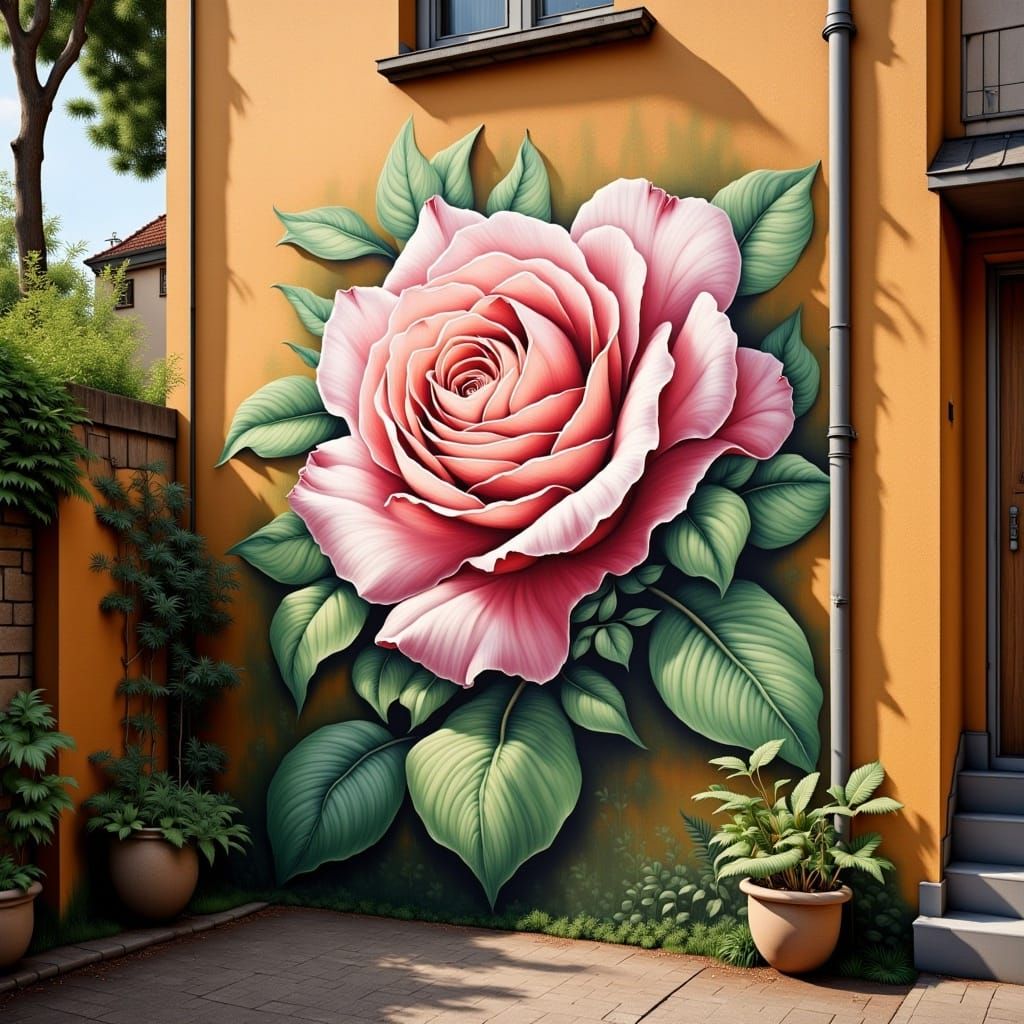 Vibrant Rose Mural in Impressionistic Street Art Style
