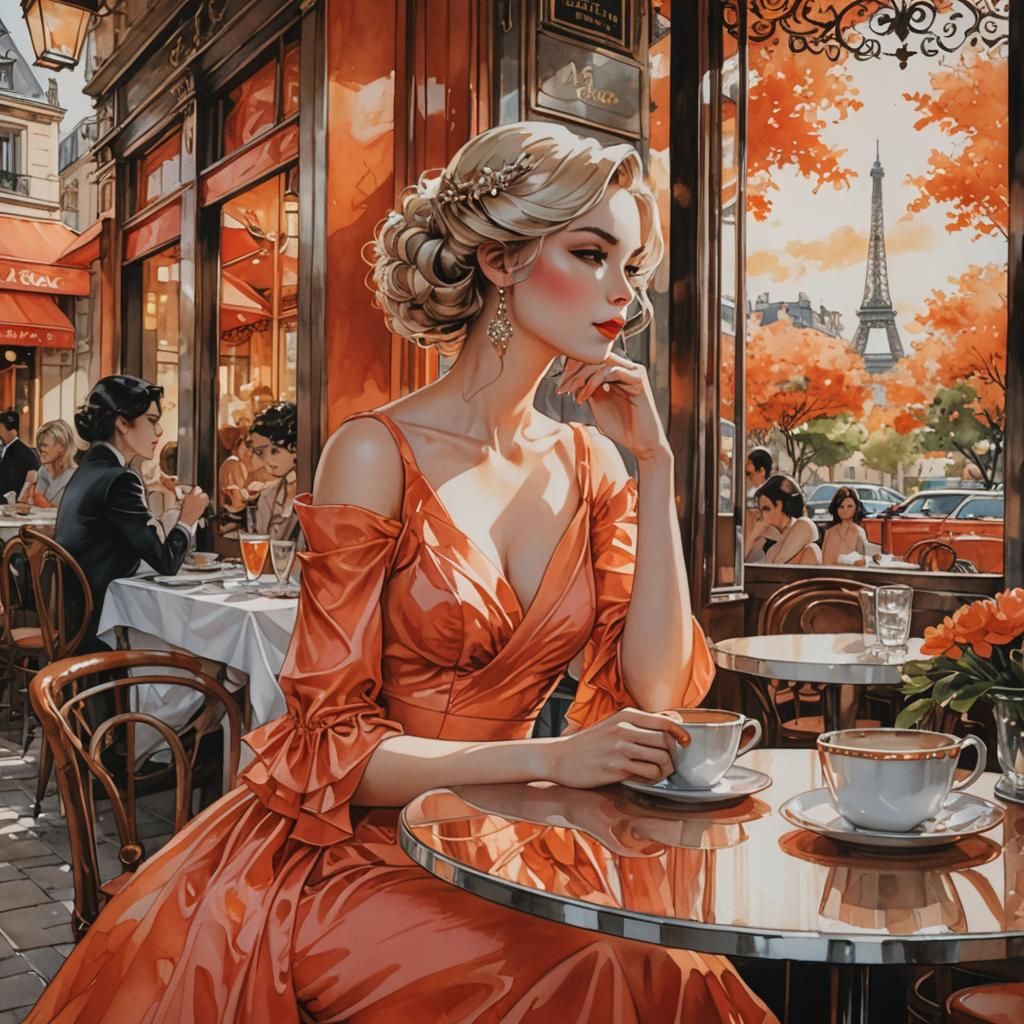 Woman in Coral Dress at Cafe, Watercolor Illustration