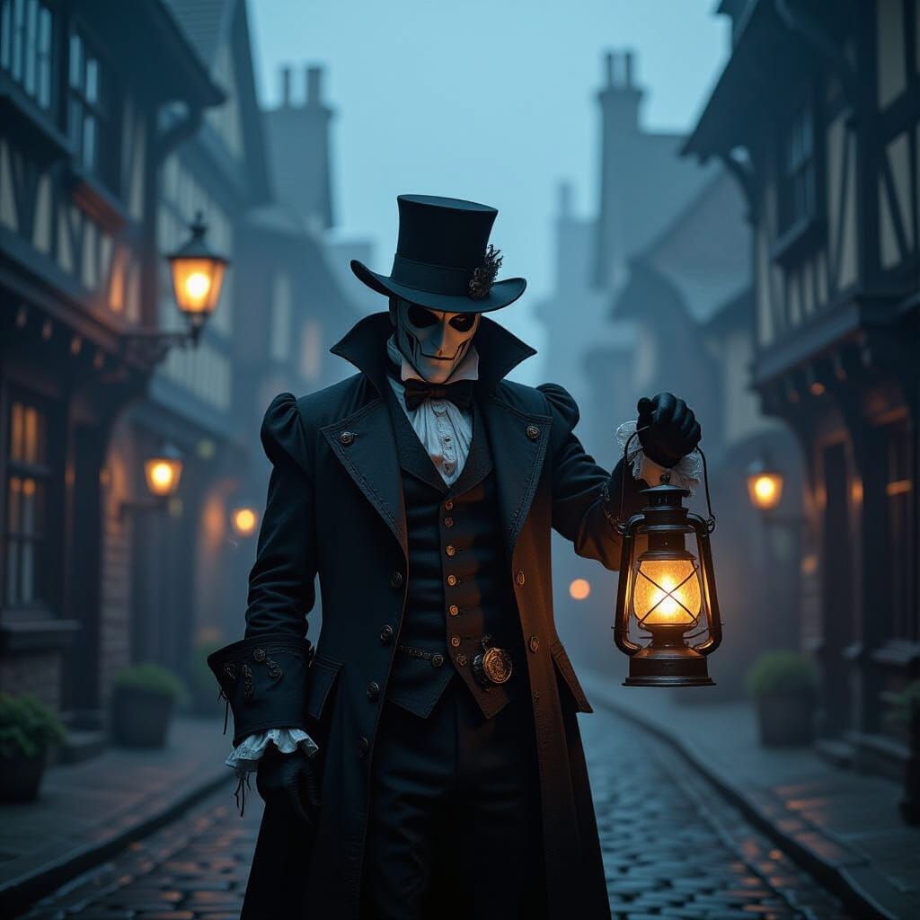 Menacing Figure in Foggy London, Steampunk Style