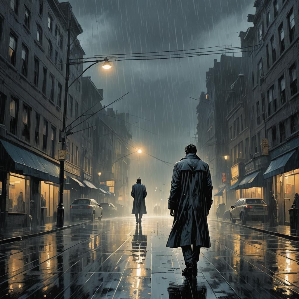 Dark Figure in Rain, Cinematic Comic Art