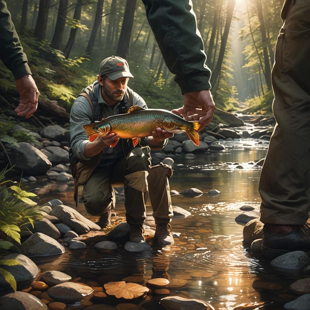 Man Holding Brook Trout in Forest Concept Art
