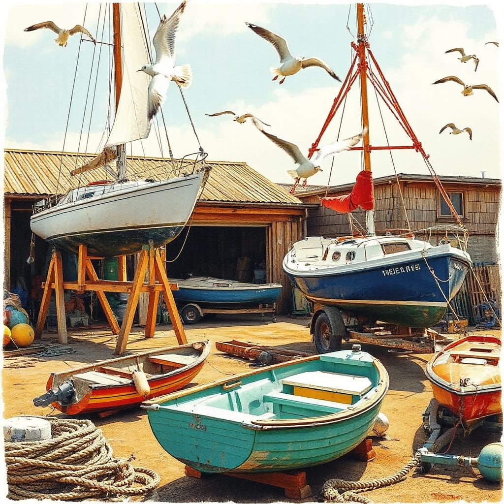 Marine Maintenance Boatyard in Vibrant Sunlight