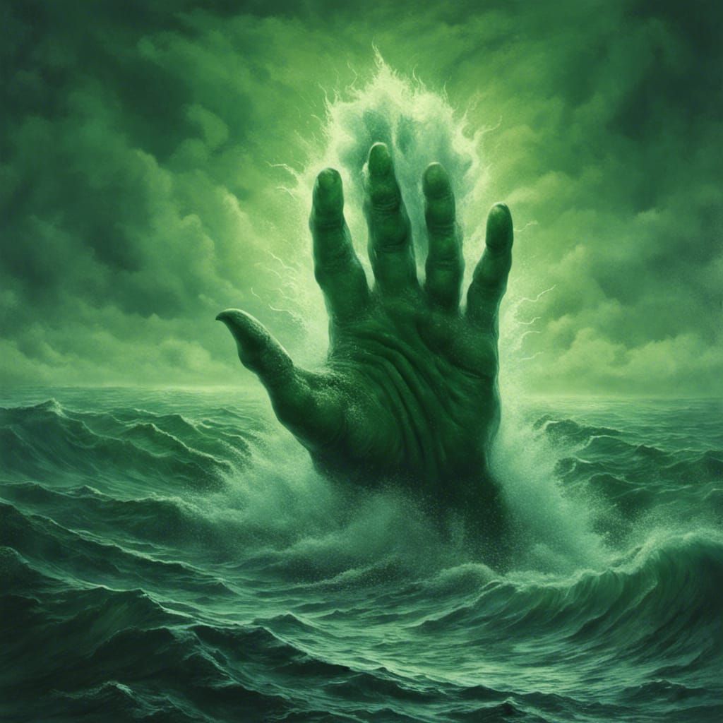 Giant Hand Emerges from Stormy Ocean