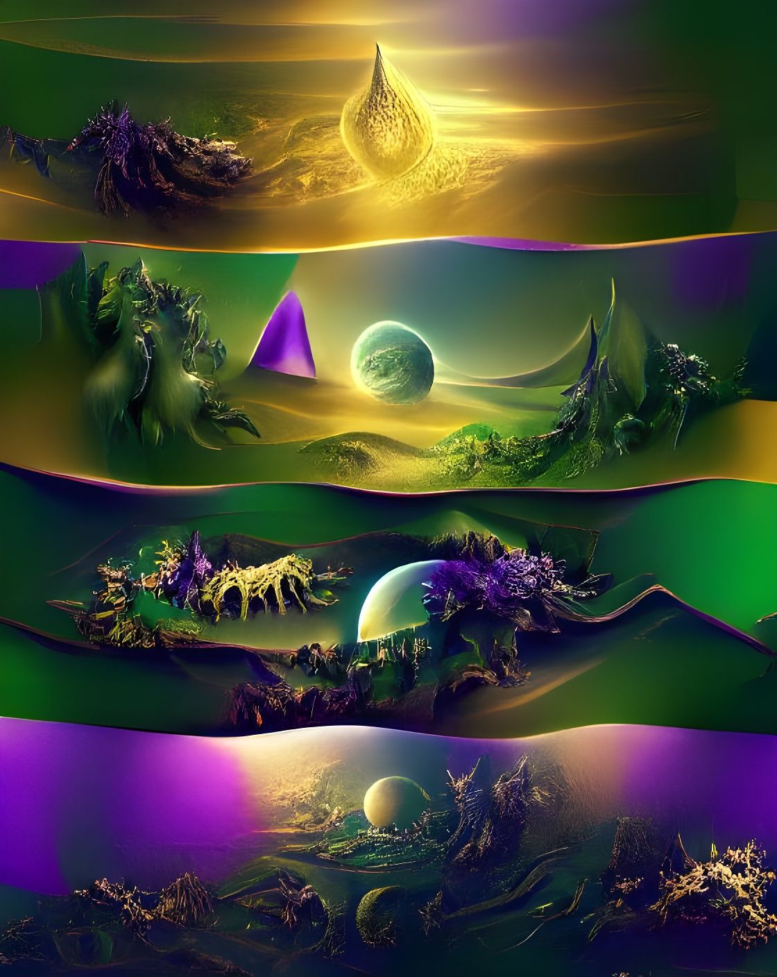 Alien Fractal Landscape in Purple, Green, and Gold