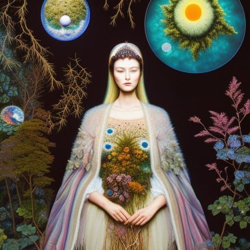 Transhumanist Woman and Mycelium Network in Rich Colors