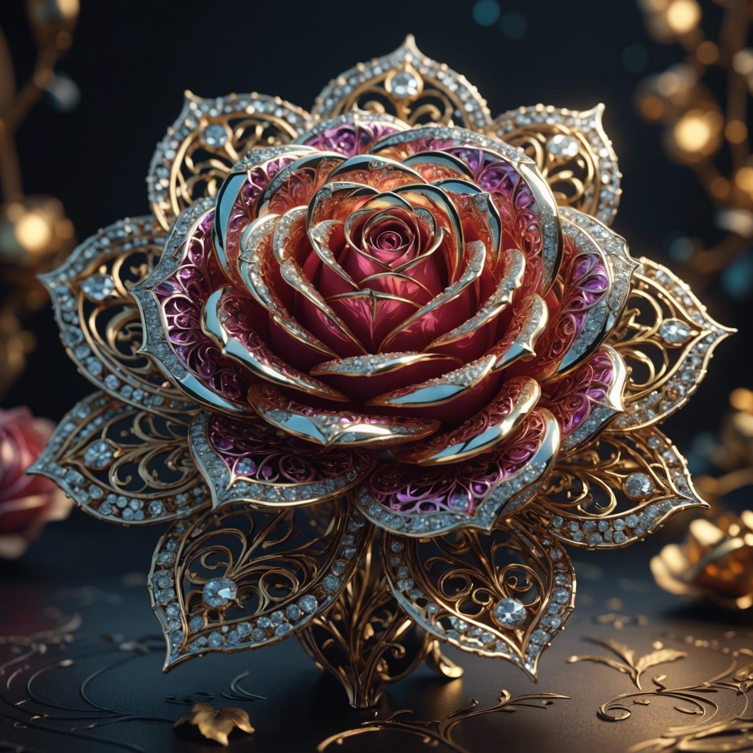 Diamond Filigree Rose: Detailed Masterpiece in 8K