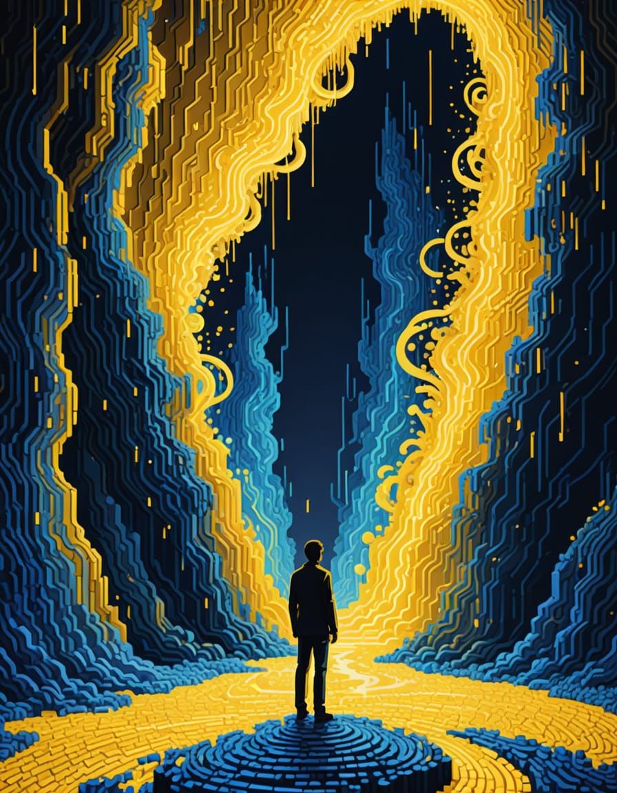 Pixel Art Solitude: Figure Amidst Swirling Light