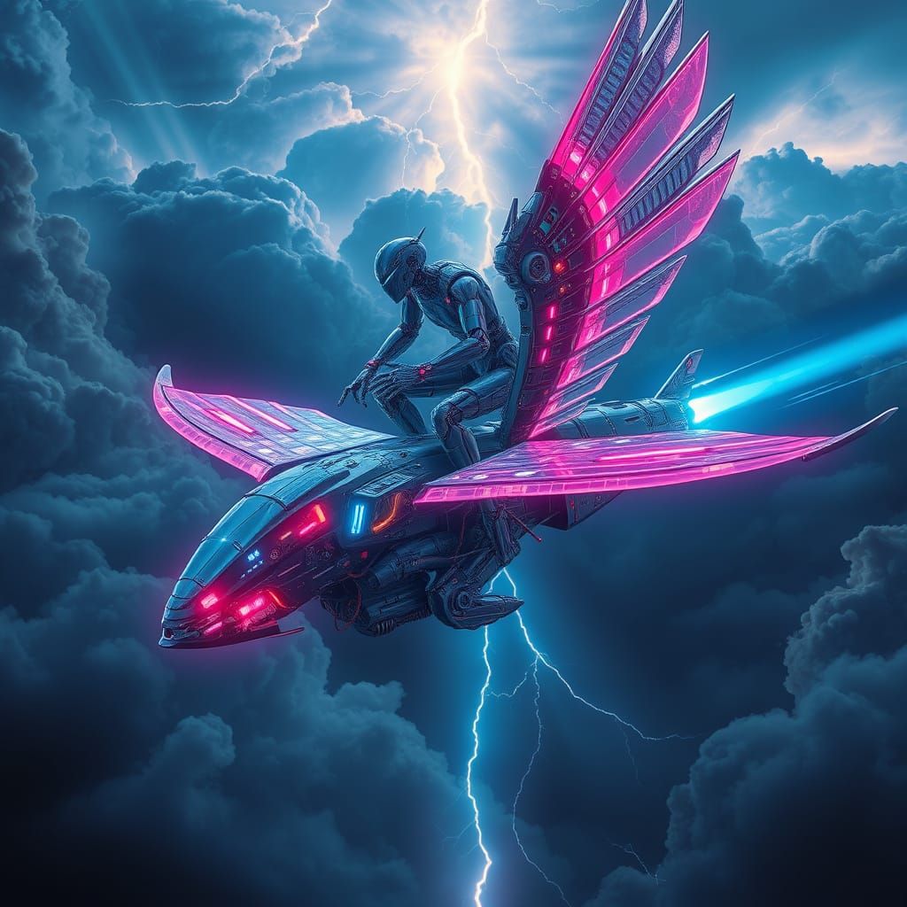 Epic Cyberpunk Cyborg Robot Rides Majestic Flying Air Scater