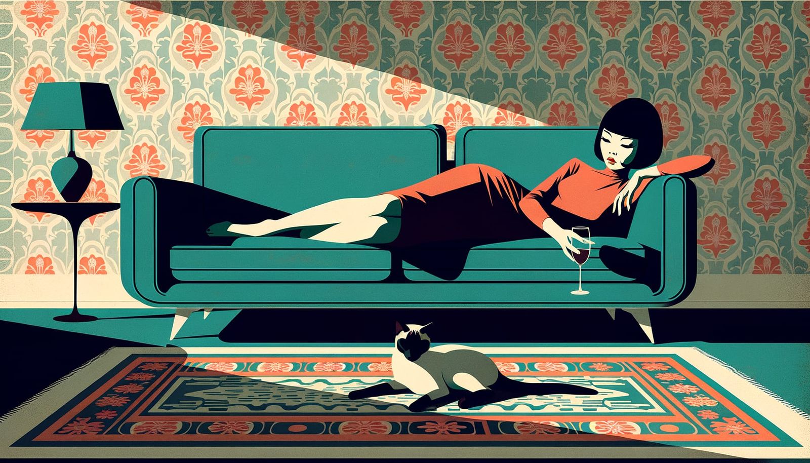 Vintage Glamour: Woman with Cat on Retro Sofa