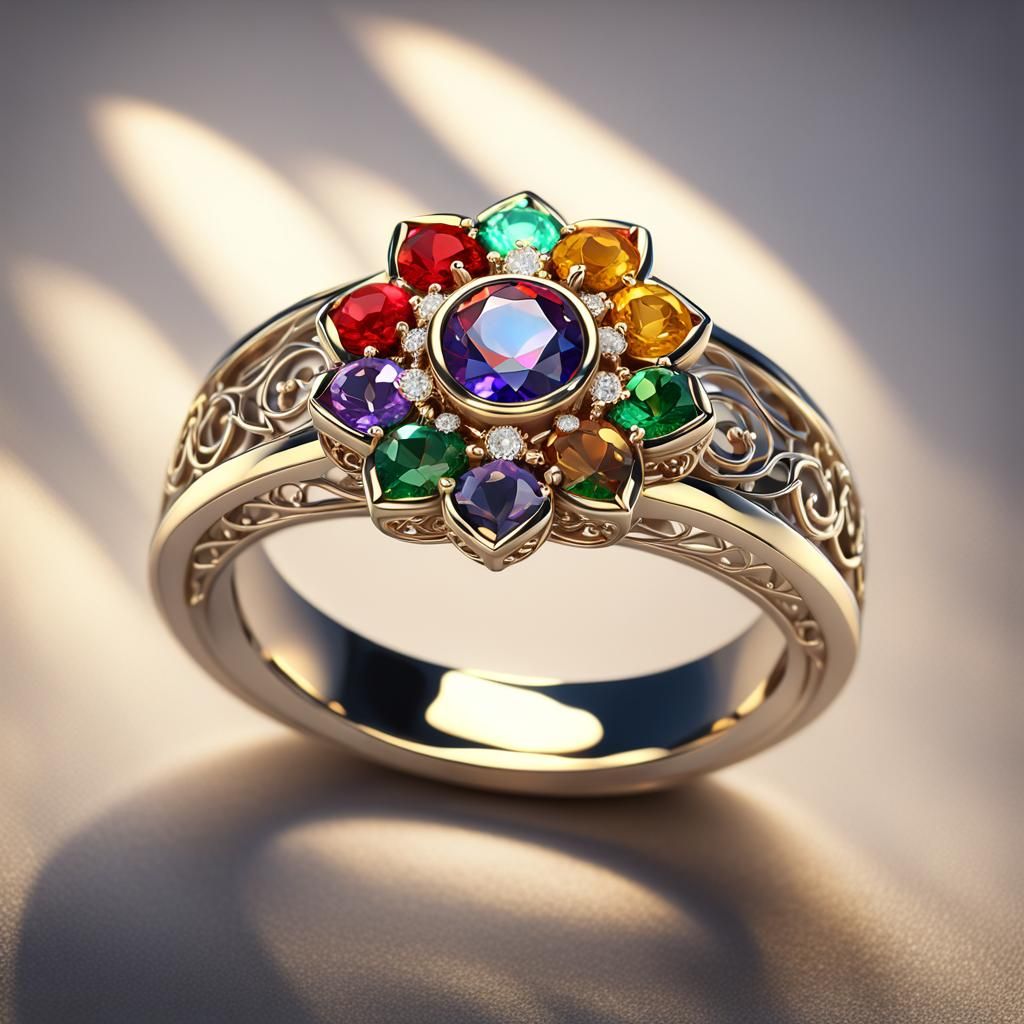 Silver Ring with Navratna Gem and Diamonds: 3D Render