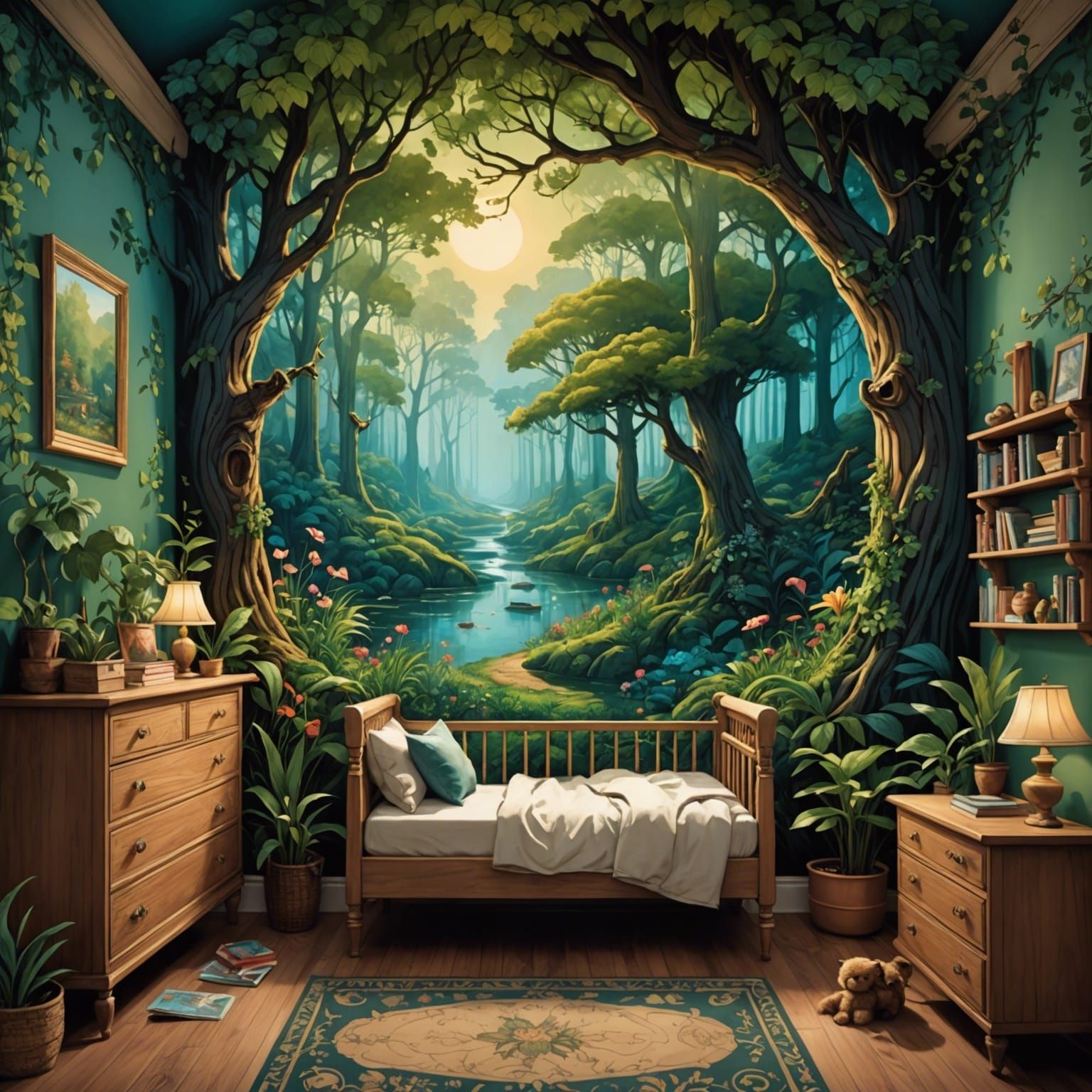 Woodland Nursery Mural in Charming Painted Style