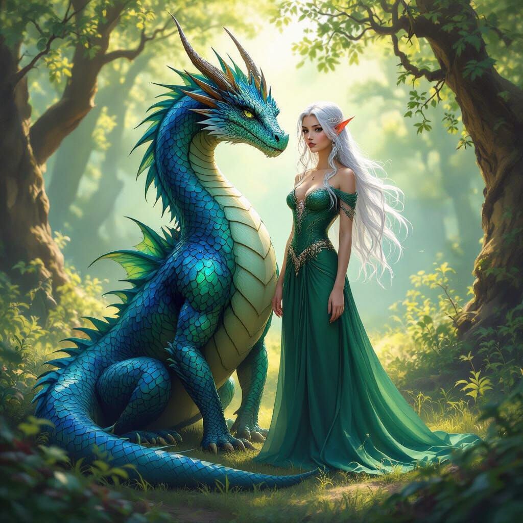 Dragon and Elf Maiden in Enchanted Forest