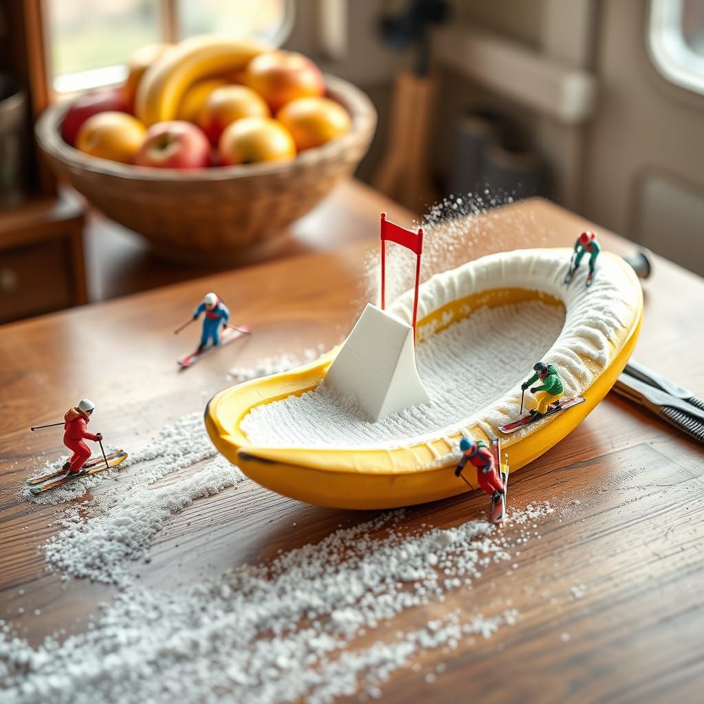 Vibrant Skiers on a Steep Banana Slope in Whimsical Miniatur...