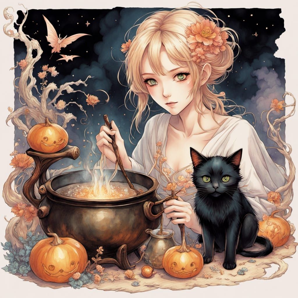 Whimsical Anime Witch in a Cozy Potion Kitchen