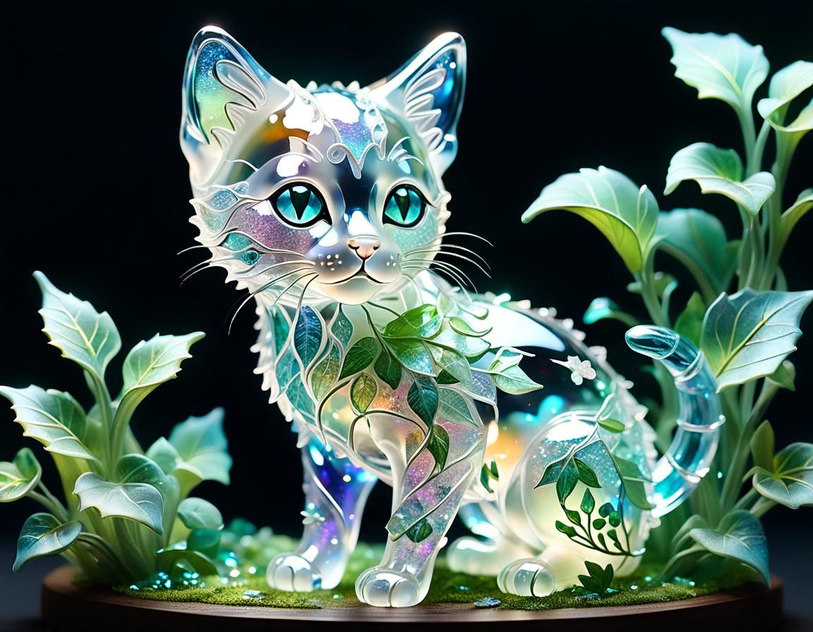 Luminous Crystal Kitten Sculpture with Bioluminescent Ivy