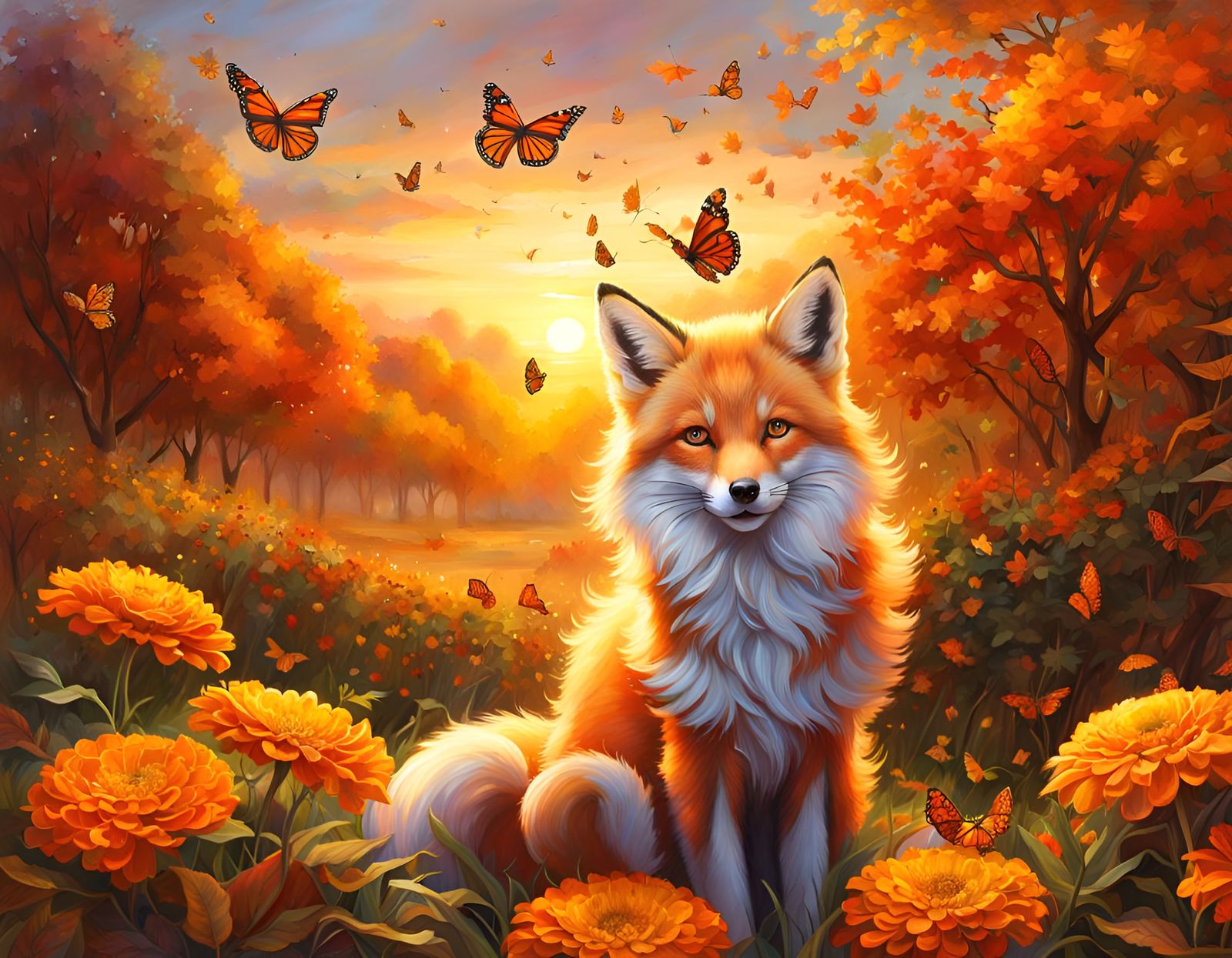 Ethereal Autumn Sunset Scene with Fox