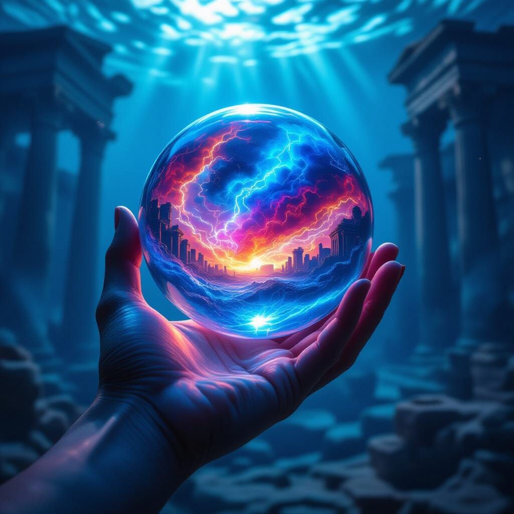 Hand Holds Crystal Ball with Emotional Storm, Roman Ruins Un...