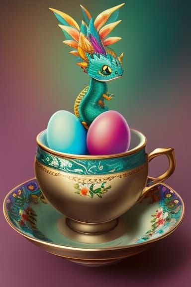 Cute Dragon in Teacup, Detailed Digital Art