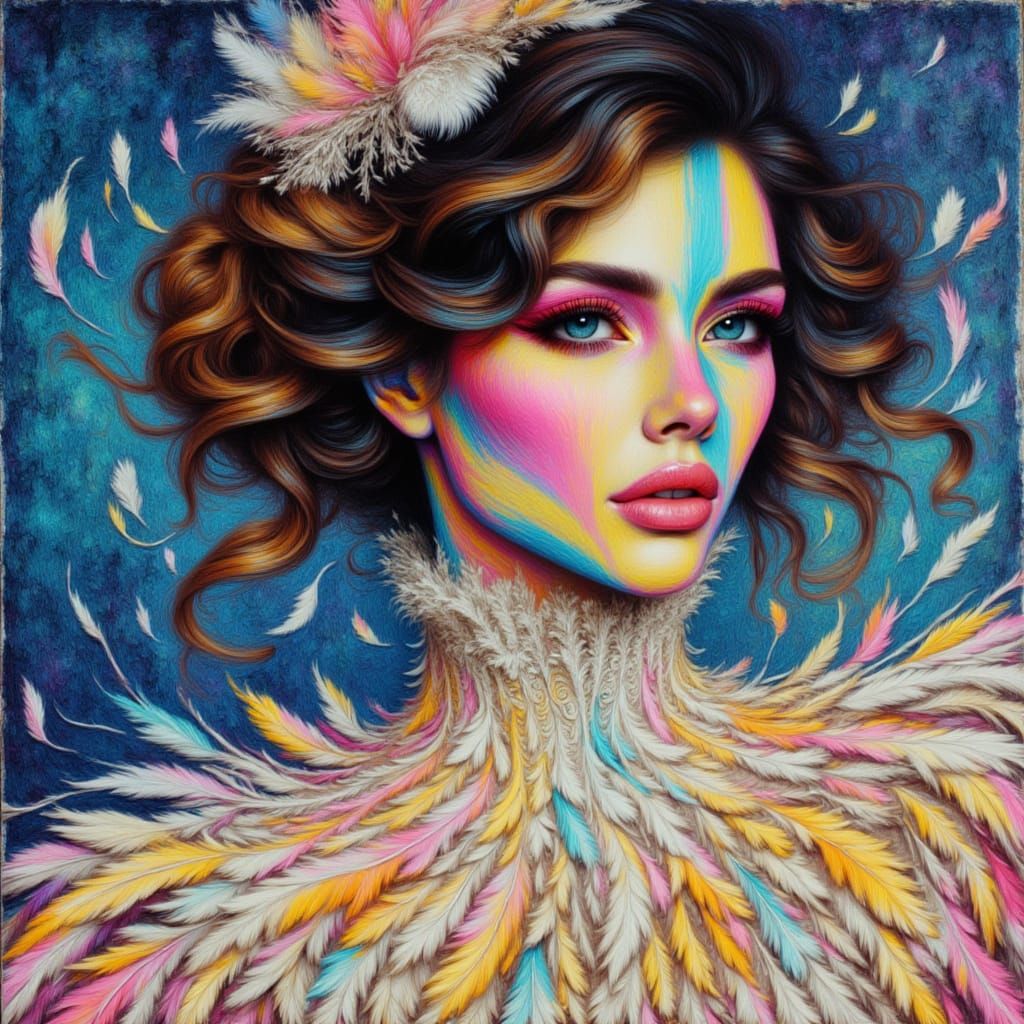 Victorian Woman in Feather Dress with Neon Accents