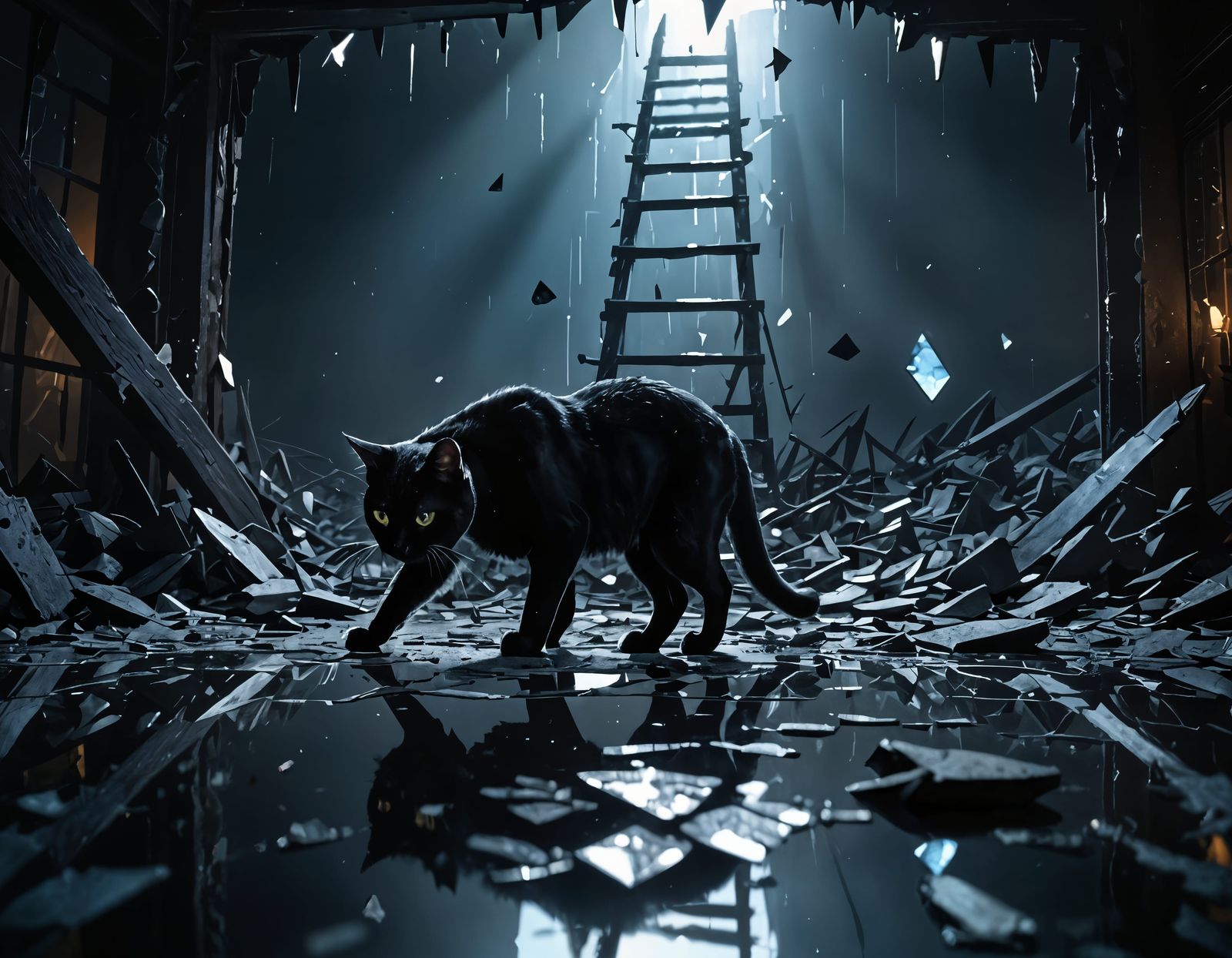 Black Cat Crossing Broken Mirror Shards