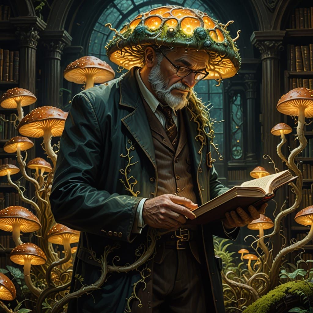 Fungal Librarian Inserts Scrolls: Biopunk Oil Painting