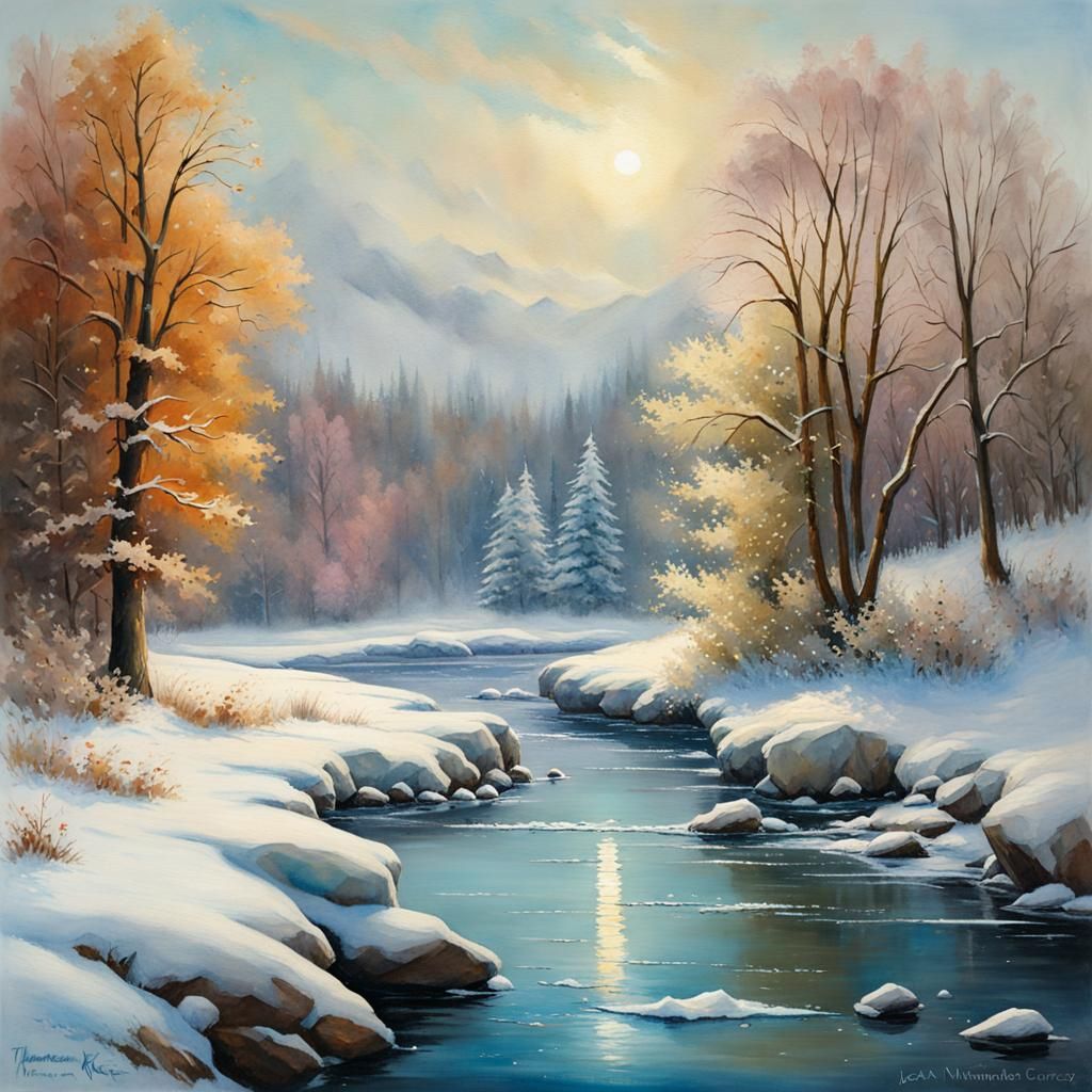 Winter Riverscape with Crystal Flowers in Gouache Style