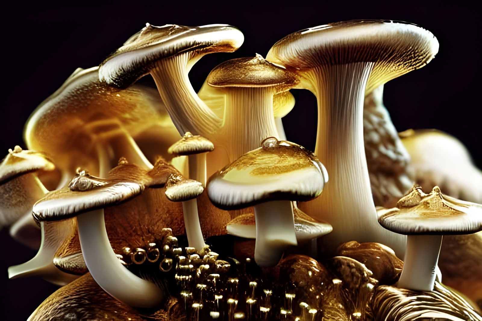 Glowing Golden Mushrooms in Hypermaximalist Style