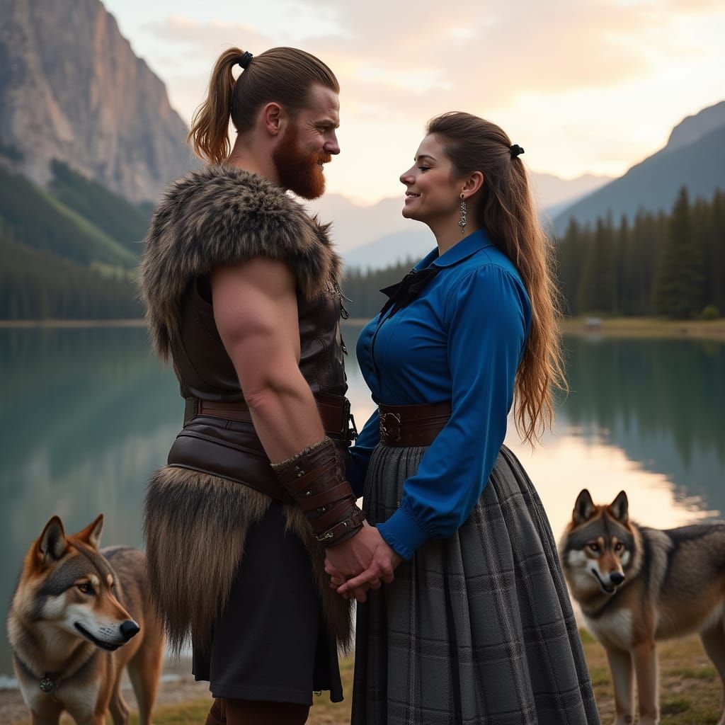 Viking Warrior Harold and Girlfriend Zala by Lake at Sunset