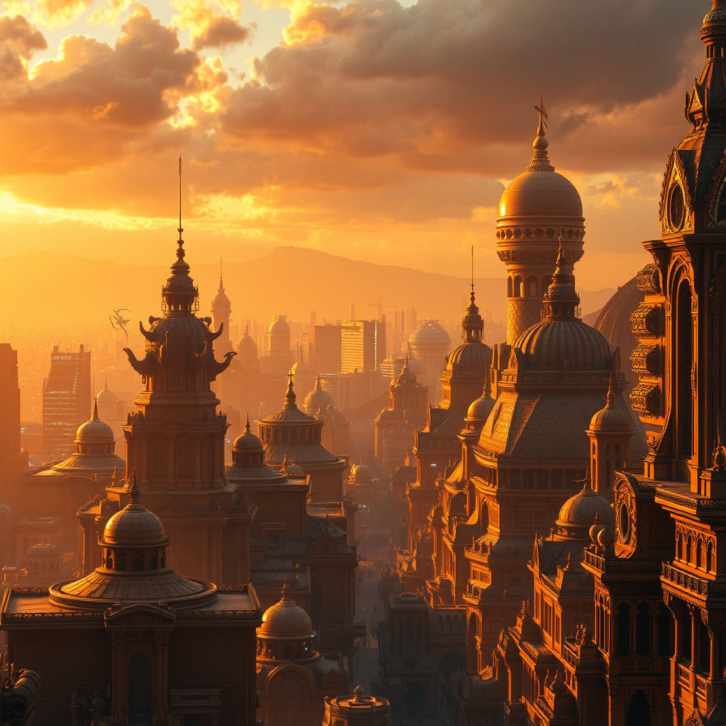 Wakanda Cityscape in Golden Light, Hyperrealistic Detail