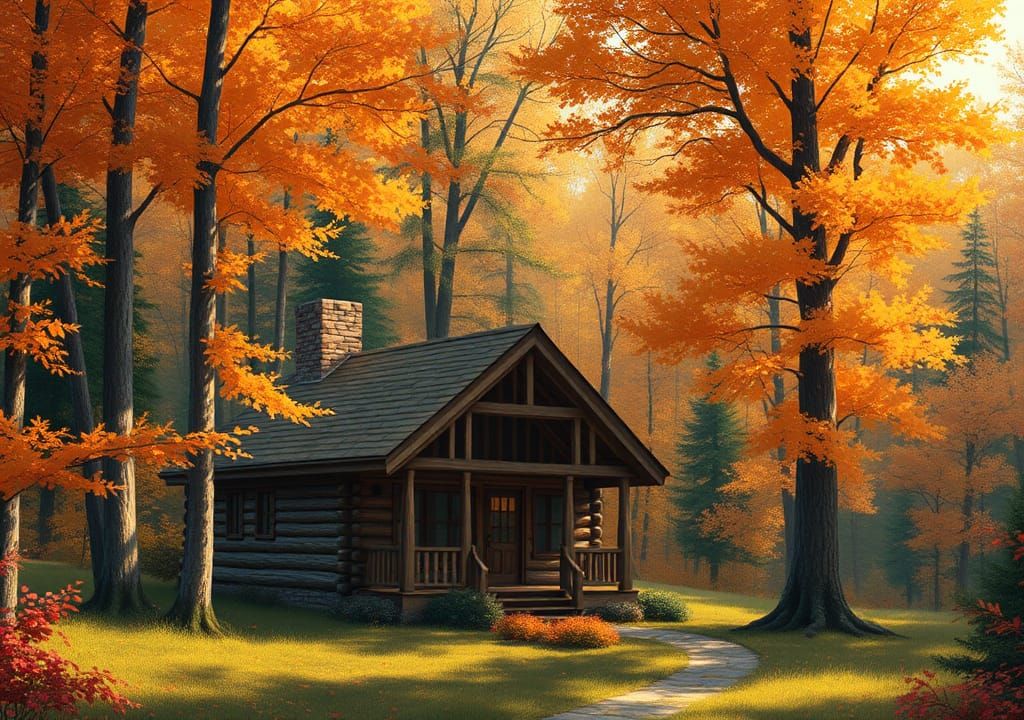 Cozy Cabin in Autumn Forest: Impressionist Style