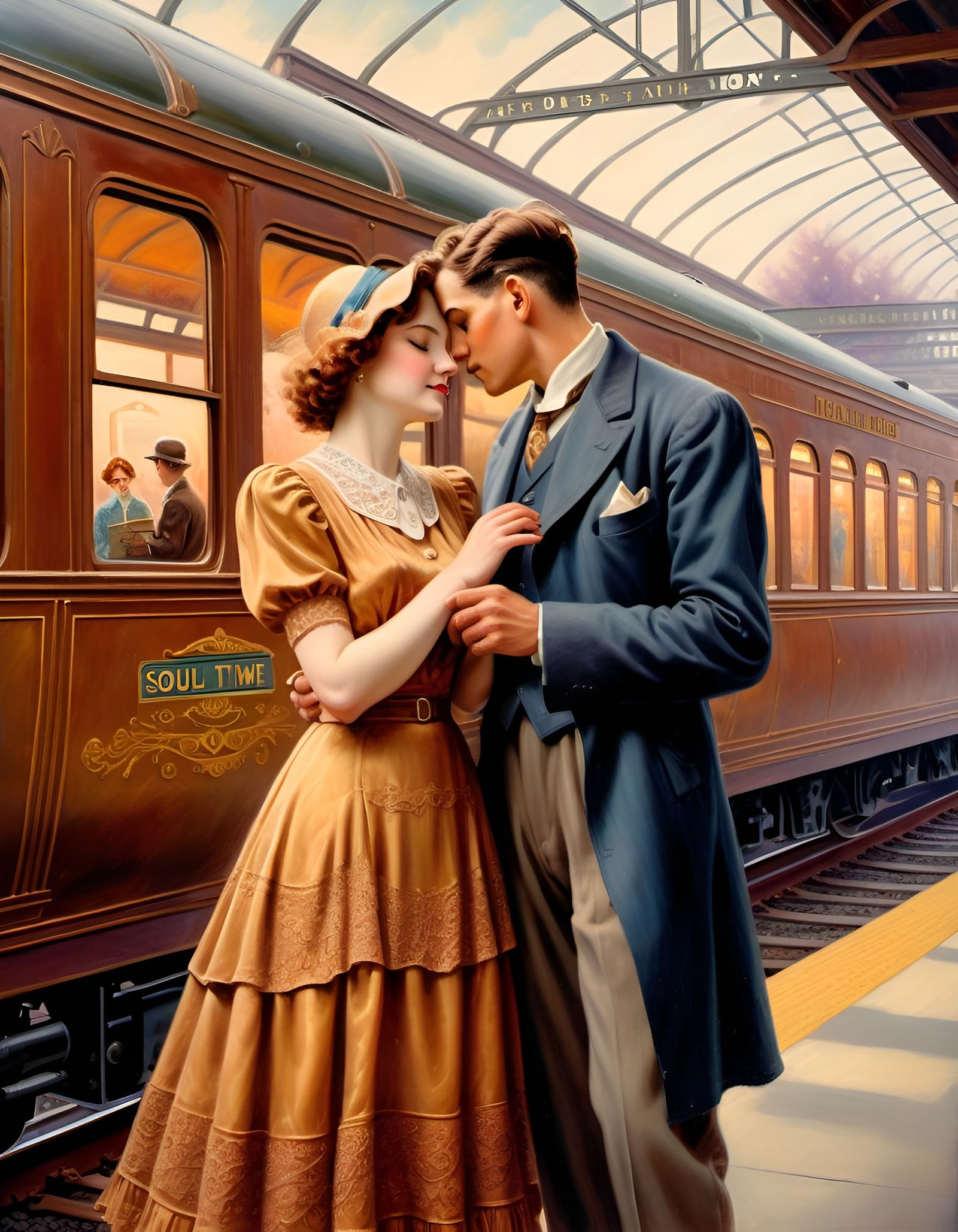 Romantic Encounter at 1930s Train Station Painting