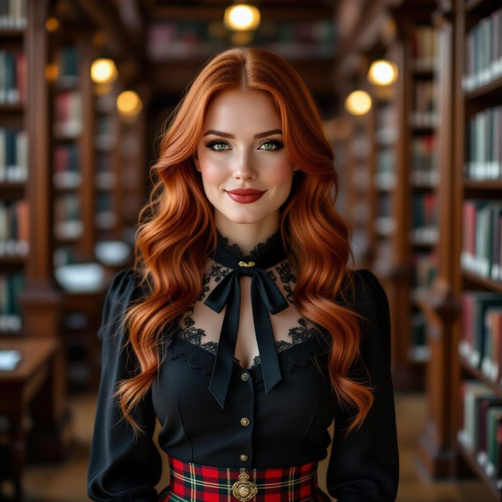 Redhead Librarian Smiling in Gothic Fashion
