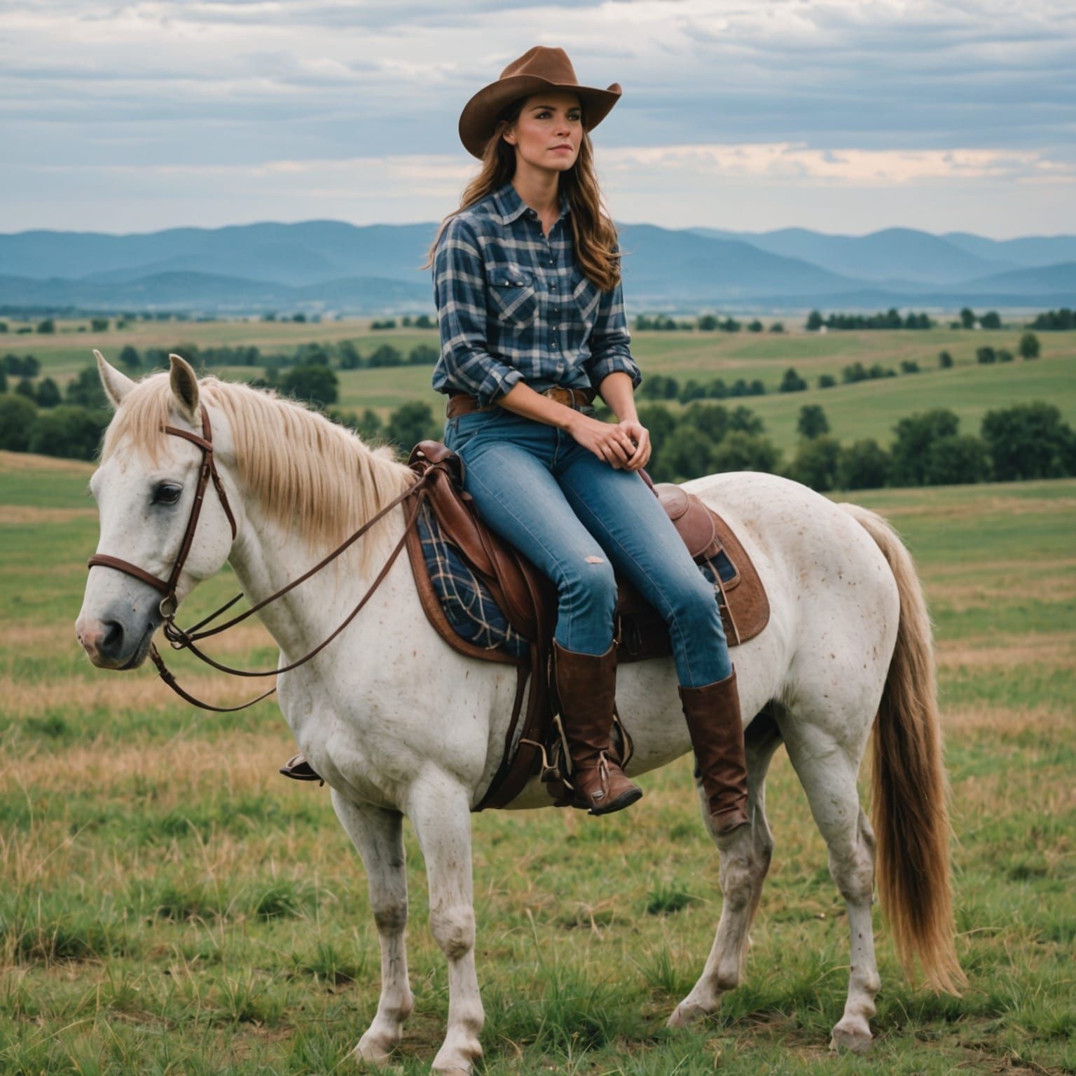 Woman on Horse Overlooking Vast Farmland