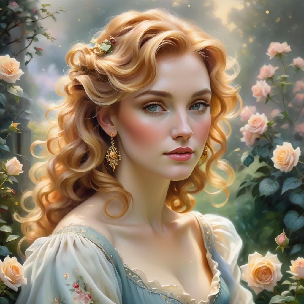 soft oil painting, light brush strokes, 1900s,color saturation, her hair is honeyed blonde with highlights of golden aub...