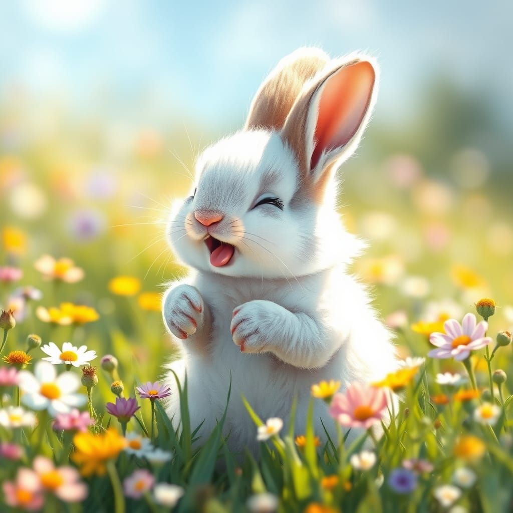 Laughing Bunny in Spring Meadow, Ghibli-Inspired