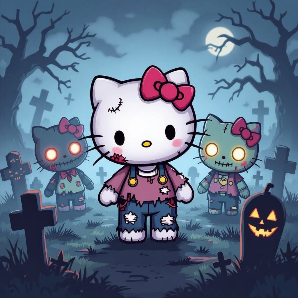 Hello Kitty Zombies in Graveyard, Blending Eerie and Kawaii ...