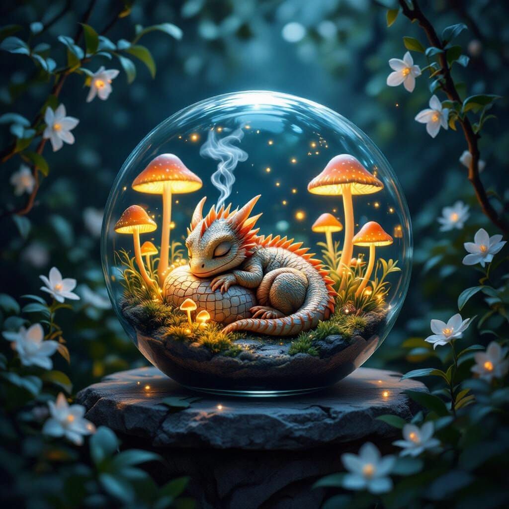 Sleeping Dragon in Luminous Terrarium: Art Nouveau Scene