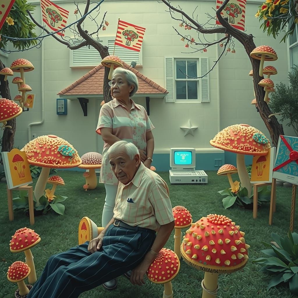 Surreal Photo of Elderly Couple Amidst Giant Mushrooms