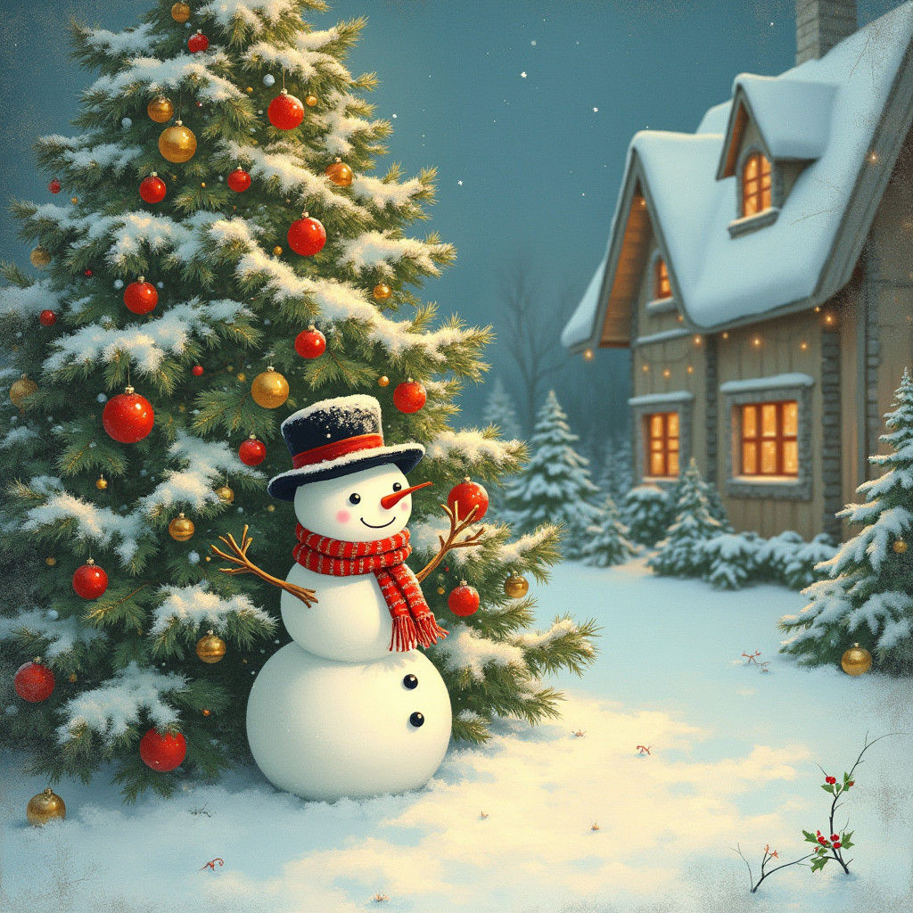 Whimsical Snowman Scene Inspired by Vintage Christmas Postca...