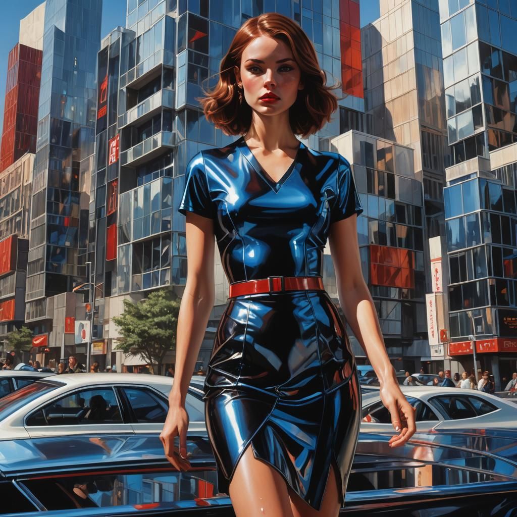 Neo-Futuristic Woman in Latex Dress with Sleek Cityscape