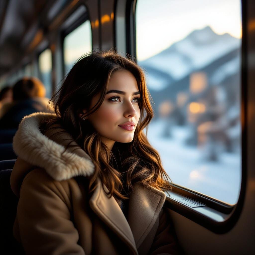 Woman Gazes at Mountains from Moving Train