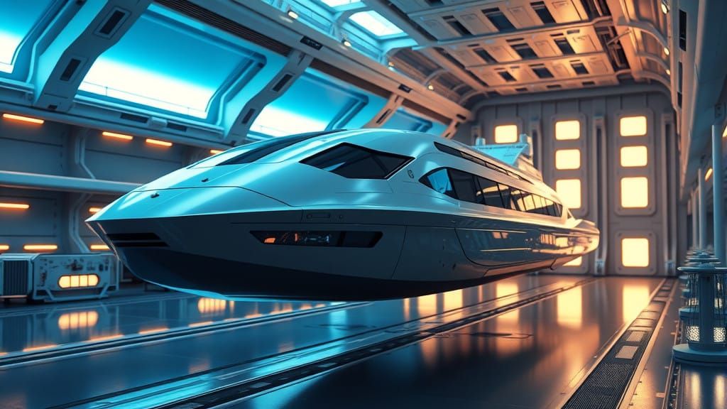Luxurious Futuristic Spaceship Frigate Lands in High-Tech Sp...