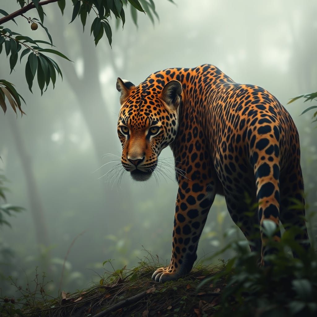 Majestic Jaguar in Misty Rainforest, Digital Art