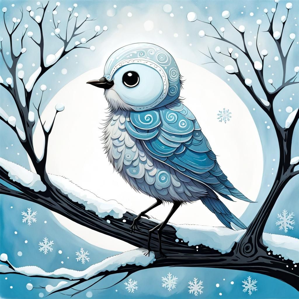 Cute Whimsical Baby Bird in Frost